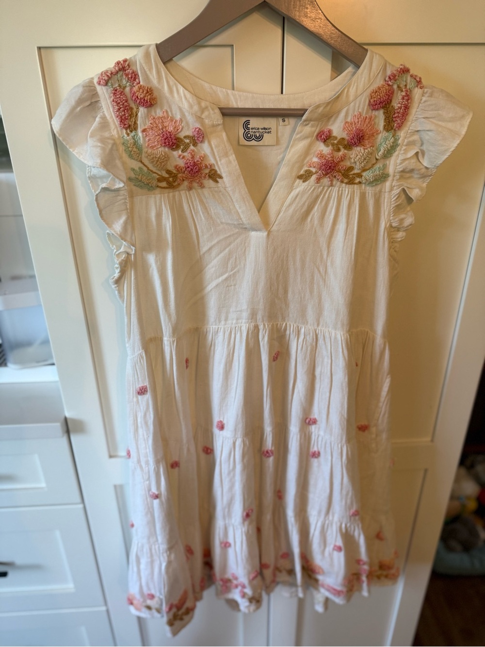 White Embroidered Floral Midi Dress with Pink Accents